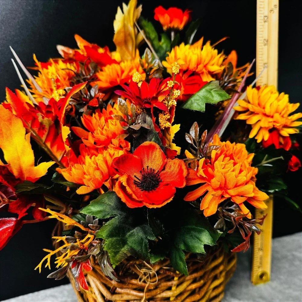 Fall Floral Arrangement Woven Twig Wall Basket Autumn Flowers Leaves Cottagecore
